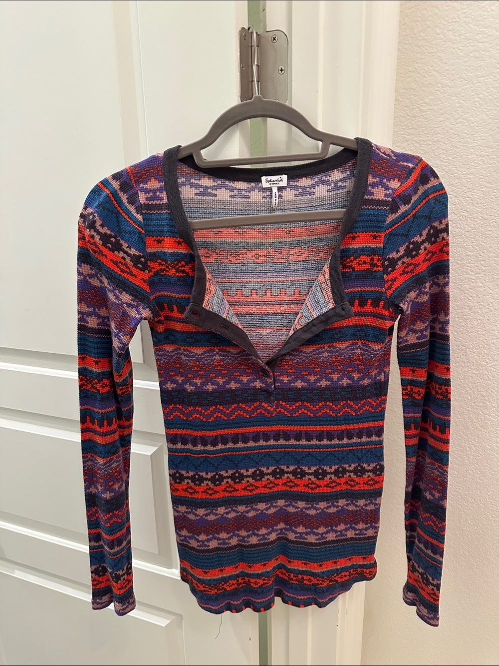 Splendid Multicolor Fair Isle Henley Long Sleeve Top - Red, Purple, Blue